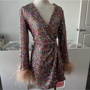 Sequin Embellished Multicolor Dress with Feather Cuffs